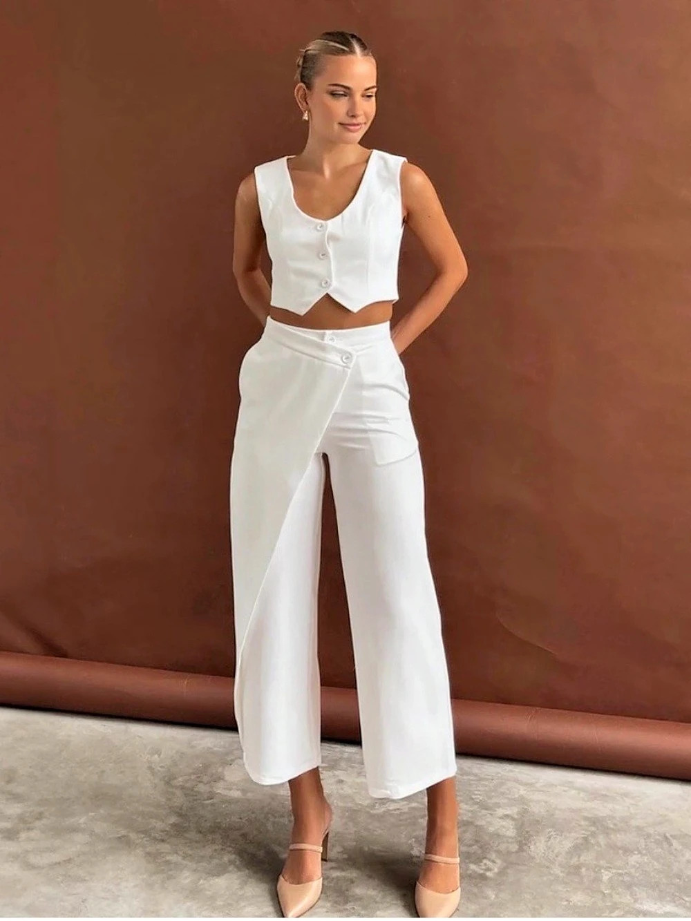 Women's White Wide Leg Pant Set